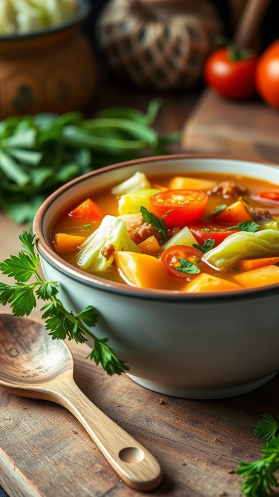 Healthy Cabbage Soup Diet Recipe A bowl of colorful cabbage soup with carrots and tomatoes, garnished with herbs, on a rustic kitchen table.